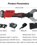 Heavy Duty No BS Electric Hydraulic Cable Cutter with specs, lithium battery, and charger for cutting copper wire and armored cable.