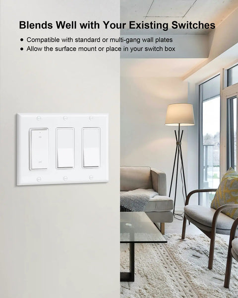 Remote Control Outlet With Decorator Rocker Wall Switch 200 Foot Range Wireless Light Switch in living room setup