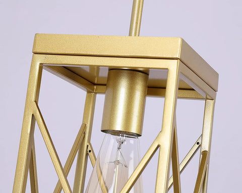 Close-up of Modern Gold Pendant Light With Metal Cage One Light Adjustable Rods Mini Pendant Fixture