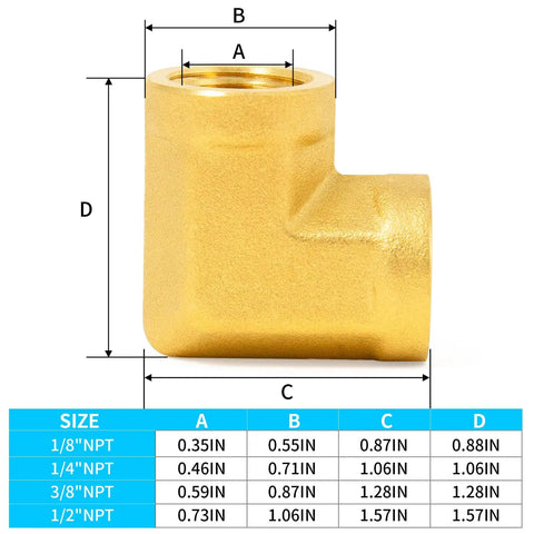 Brass Pipe Fitting 90 Degree Barstock Street Elbow Three Eighths Inch NPT Female To Three Eighths Inch NPT Female with dimensions chart
