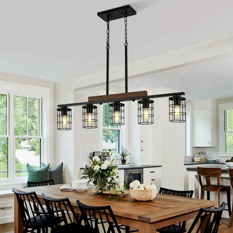 36 Inch Rustic Farmhouse Kitchen Light Fixture With Black Matte Finish, Adjustable Height 5 Light Chandelier above dining table