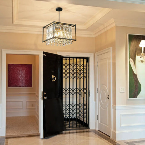 Dope Modern Black Crystal Foyer Pendant Chandelier With Square Metal Frame Adjustable Height Entryway Light Fixture, foyer view