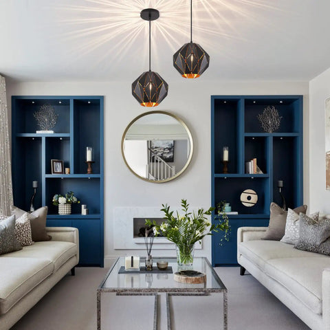 Living room with Industrial Vintage Pendant Light For Kitchen Island Dope Black Metal Ceiling Fixture hanging over a modern setting.