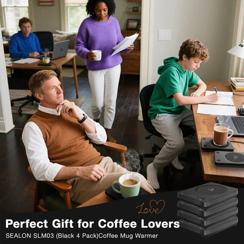 Keep Your Coffee Tea And Cocoa Toasty With This Slick Black Four Pack Electric Cup Heater Boasting Three Custom Heat Levels And A Universal Mug Fit That Slides Right Into Every Office Or Home, showcased in a cozy home office.