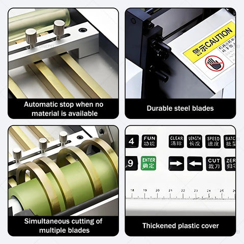 High Precision Automatic Heat Shrink Tube Cutter showing durable steel blades and digital control panel for precise cutting.