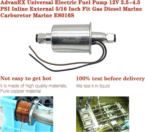 Universal 12V Electric Fuel Pump Inline External 2.5-4.5 PSI With 5/16 Inch Hose Fits Gas Diesel Marine Carburetors and Small Engines for Boats Trucks Generators E8016S with copper coil and liquid test images