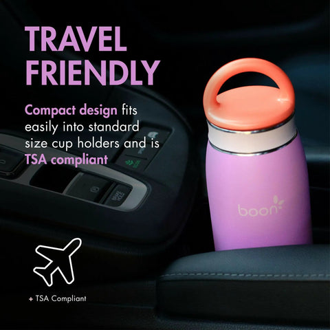On The Go Breast Milk Chiller And Storage Container For Pumping Parents Double Walled Stainless Steel Keeps Fresh Milk Chill Up To 17 Hours 10 Oz Purple in car cup holder.