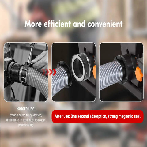 Hassle Free Magnetic Dust Collection Quick Connect Fitting System For Shop Vacuums And Woodworking Machinery With Four And Two Point Five Inch Rare Earth Adapter Kit, showing before and after using the magnetic seal.