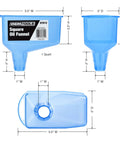 Square Oil Funnel For 1-Quart Bottles, No Mess Quick Pour, Locks In Filler Hole, Durable Blue, Dimensions Illustrated