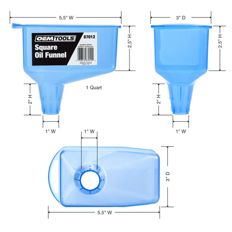 Square Oil Funnel For 1-Quart Bottles, No Mess Quick Pour, Locks In Filler Hole, Durable Blue, Dimensions Illustrated