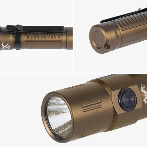 Beast Mode Bright 2403 Lumen USB C Rechargeable Flashlight With CREE XHP 35.2 LED showing clip and front view