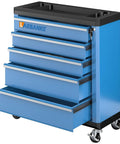 Heavy Duty 5 Drawer Rolling Tool Chest With Super Smooth Drawers To Glide Like Butter, showcasing five open drawers and locking wheels.