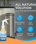 Heavy Duty Trash Can Odor Eliminator And Degreaser, Garbage Surface Cleaner And Deodorizer Foam in 32 oz spray bottle next to trash can