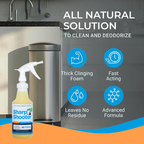 Heavy Duty Trash Can Odor Eliminator And Degreaser, Garbage Surface Cleaner And Deodorizer Foam in 32 oz spray bottle next to trash can
