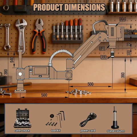 Dimensions of Slick Flexible Arm Servo Tapping Machine With 600 Watt Motor And 360 Rotation Offers Variable Speed Up To 312 RPM for threading.