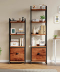 Rustic brown 4 tier bookshelf with fabric drawer and industrial wood and metal storage shelf space saver for small rooms