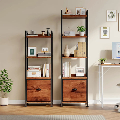 Rustic brown 4 tier bookshelf with fabric drawer and industrial wood and metal storage shelf space saver for small rooms