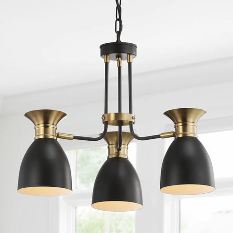 20 Inch Dope Black And Brass Gold Modern Metal LED Pendant Light Fixture With Adjustable Hanging Ceiling Lamp For Kitchen Island And Bedroom Lighting Black Shade LED Bulb Included showcasing 3 black shades hanging in bright room