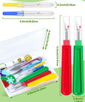 All-In-One Sewing Seam Ripper Kit With 2 Large And 2 Small Rippers, Stitch Remover Tools, in open packaging with dimensions shown