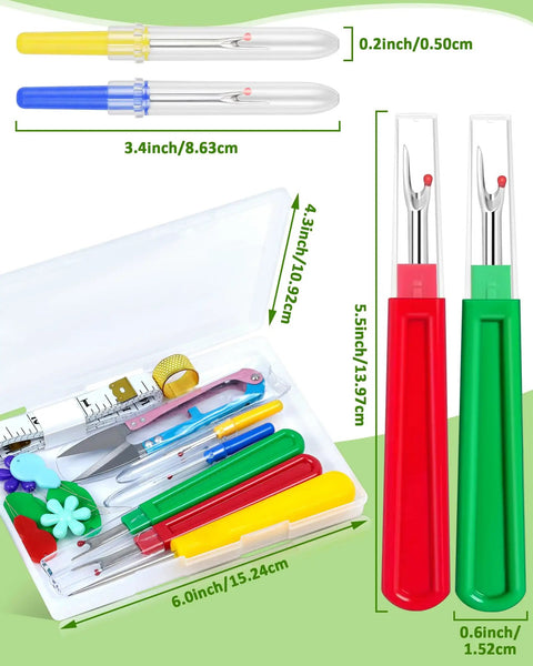 All-In-One Sewing Seam Ripper Kit With 2 Large And 2 Small Rippers, Stitch Remover Tools, in open packaging with dimensions shown