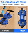 Before and after display of Heavy Duty Floor Gap Fixer Tool Sporting Dual Suction Cups And A Forty Five Degree Hammer Face.