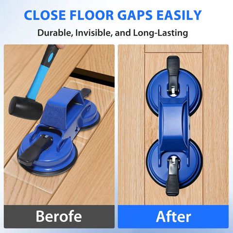 Before and after display of Heavy Duty Floor Gap Fixer Tool Sporting Dual Suction Cups And A Forty Five Degree Hammer Face.