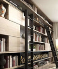 Sliding Barn Door Track Kit With Rolling Ladder Hardware installed on a bookshelf with 160cm aluminum ladder, enhancing accessibility.