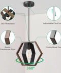 Dope Farmhouse Hex Pendant Light For Kitchen Island And Hallway, Wood Grain And Black Finish, showing adjustable height and details