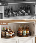 Before and after comparison of Smooth 360 Spin 2 Pack 9 And 10 Inch Lazy Susan Turntable Organizers in a pantry.