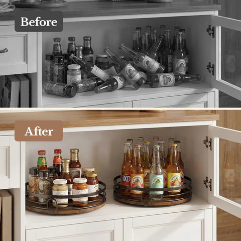 Before and after comparison of Smooth 360 Spin 2 Pack 9 And 10 Inch Lazy Susan Turntable Organizers in a pantry.