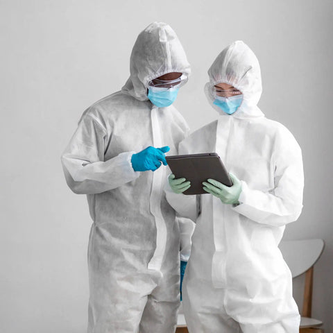 Two individuals in white hooded coveralls with boots, examining a tablet. Product: White Hooded Coveralls With Boots Pack Of 5 60 GSM SMS