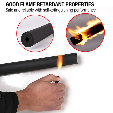 Pipe Insulation Tubing One Quarter By Three Eighths Inch, Six Foot Foam Shield for Water Pipes showing flame retardant test