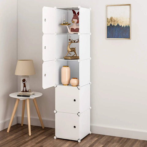 Five Cube Organizer Narrow Cabinet Shelves With Doors 11.8 Inch Cubes Plastic Storage Rack for Bedroom Living Room and Office White Closet System in corner