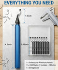 Heavy Duty 11 Blade HSS Deburring Tool Kit For Metal And PVC with ergonomic blue aluminum handle and replacement blades.
