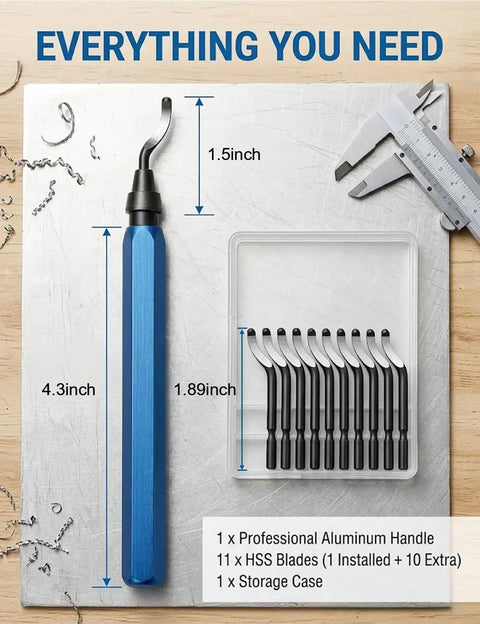 Heavy Duty 11 Blade HSS Deburring Tool Kit For Metal And PVC with ergonomic blue aluminum handle and replacement blades.