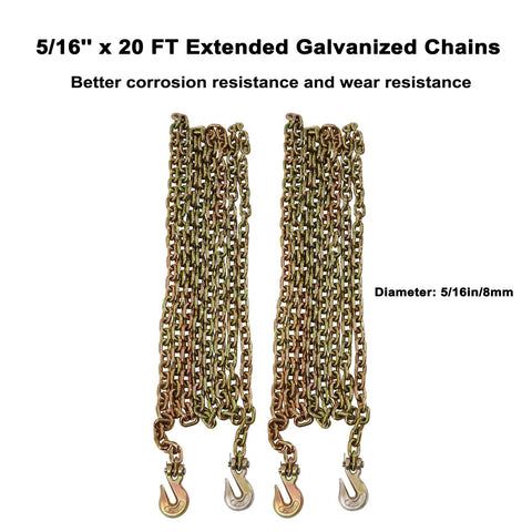 Heavy Duty Tie Down Kit With 5/16 To 3/8 Inch Chains And Ratchet Binders, 5400 Lbs Safe Working Load, 5/16 Inch By 19.6 Feet Chains With G70 Hooks