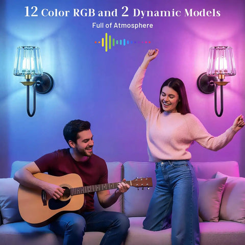 Black And Gold Crystal Wireless Rechargeable Wall Sconces Set Of Two Remote Dimmable 3Cct bedroom decor with RGB lighting
