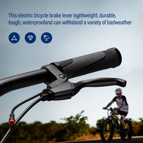 Two-Pin Electric Bicycle Brake Levers for E-Bike, Left and Right Pair, 12cm Cable Length shown on handlebars