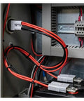Heavy Duty 50A 12AWG Double Y Adapter Conector Plug With Color Coded Red And Black Housing and wire stop connected in battery setup.