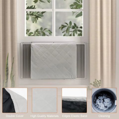 2 Pack Indoor Window AC Cover for Window Units with Double Insulation and Free Elastic Straps, shown installed on a window unit
