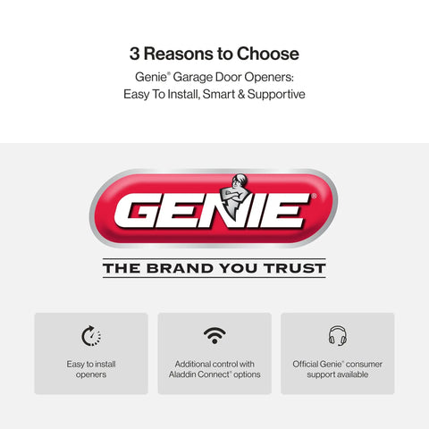 Genie logo with text: 'The Brand You Trust' and benefits like easy installation, Aladdin Connect control, and customer support features.