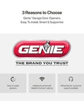 Genie logo with benefits of easy installation and smart control for QuietLift Connect WiFi Smart Garage Door Opener with Wireless Keypad Ultra Quiet Three Quarter HPC Belt Drive Works With Alexa And Google Assistant Model 3053 TKV.