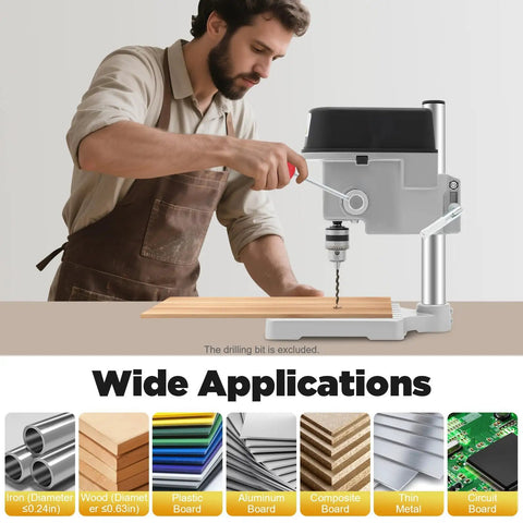 Huge 340 Watt Mini Drill Press For Jewelry Making And Woodworking Metal in use on wood surface, showcasing variable speed feature.