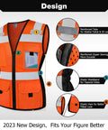 Womens Slim Fit Reflective Safety Vest With 11 Spacious Pockets Breathable Mesh High Vis Orange Work Gear showing design features and details.