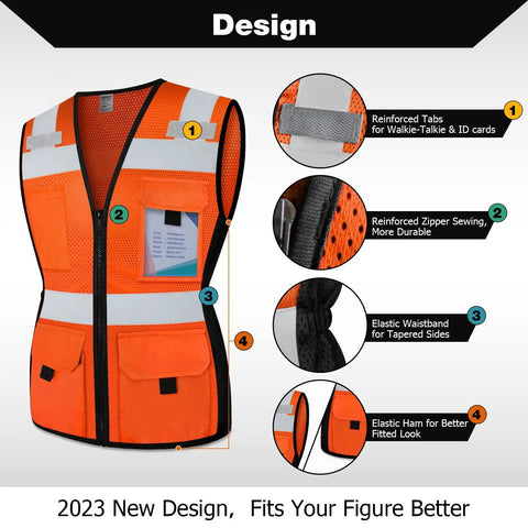Womens Slim Fit Reflective Safety Vest With 11 Spacious Pockets Breathable Mesh High Vis Orange Work Gear showing design features and details.
