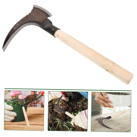 All In One Multi Functional Gardening Weeding Tool With Dual Blade Manganese Hook Portable, shown with wooden handle and applications.