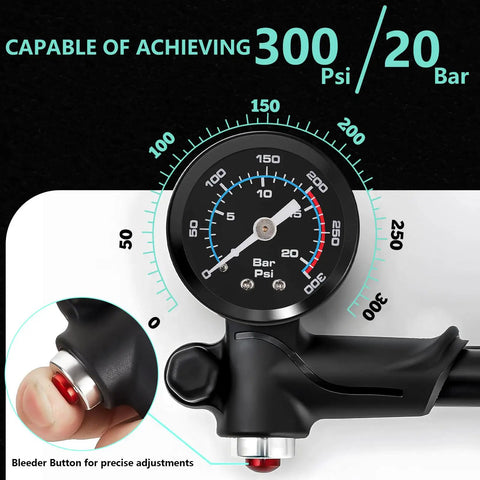 Beast Mode High Pressure Bike Shock Pump With Gauge showing 300 PSI capacity, bleeder button detail, durable ABS material