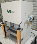 Workhorse Benchtop Pneumatic Press With Foot Pedal For Hands Free Operation, Dual Safety Light Curtains, And Adjustable Dwell Timer For Blister Packaging, Stamping, Riveting, And Component Assembly white benchtop unit with air regulator