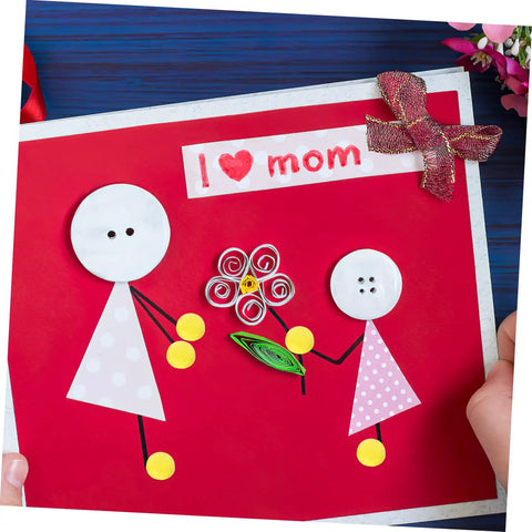 Handmade card with paper figures and 'I love mom' text using 500 Pieces Scrapbooking Paper Fasteners Brads Clip Set For Photos And Cards And Paper Crafts Durable Vintage Style Scrapbook Embellishments For Creative Journaling And Card Making