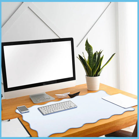 Scalloped Desk Pad With Edge Stitching Large Nonslip Waterproof Table Mat Blue 31.5 x 15.8 Inches Aesthetic Preppy Desk Accessory